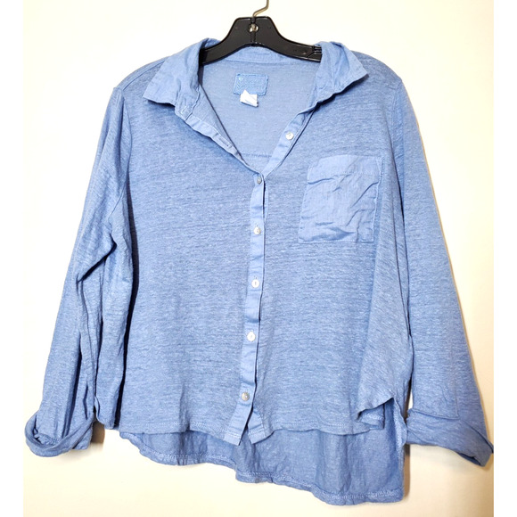 Sigrid Olsen Womens Medium 100% Linen Top Button Down Boxy Blue Slub Knit - Picture 9 of 9